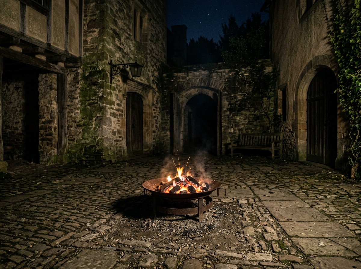 Fire pit burning in a medieval stone courtyard at night